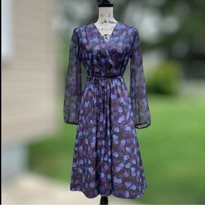 Vintage 70s Lady Carol Black with Purple Floral Print Midi Dress